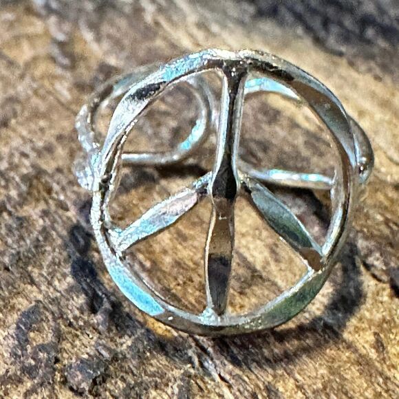 Handmade Artesian Hippie Silver Peace Sign Adjustable Ring, Gift Box - Picture 1 of 14